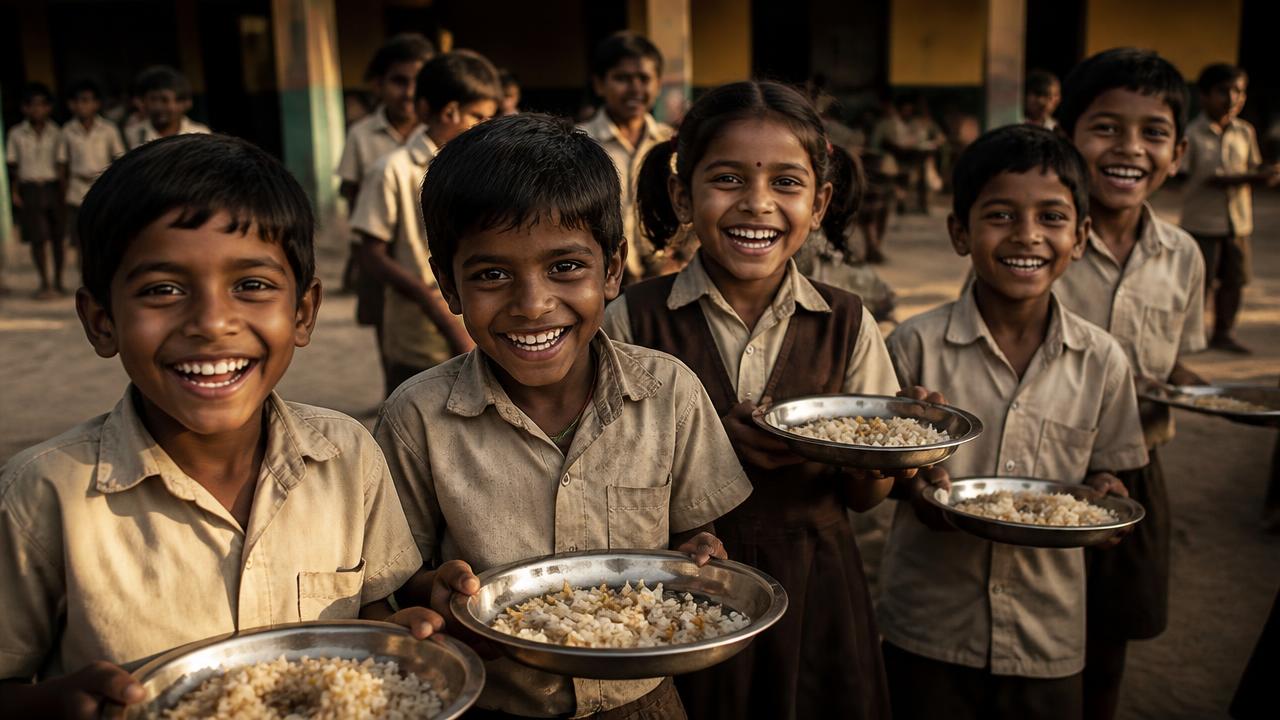 Children holding plates of food at a school meal programme